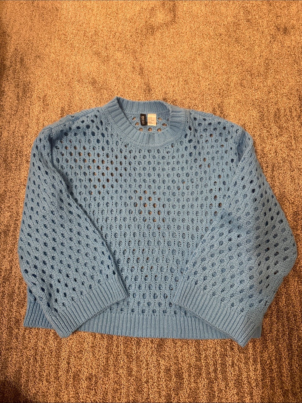BCBGMaxAzria Light Blue Open-Stitch Crewneck Sweater